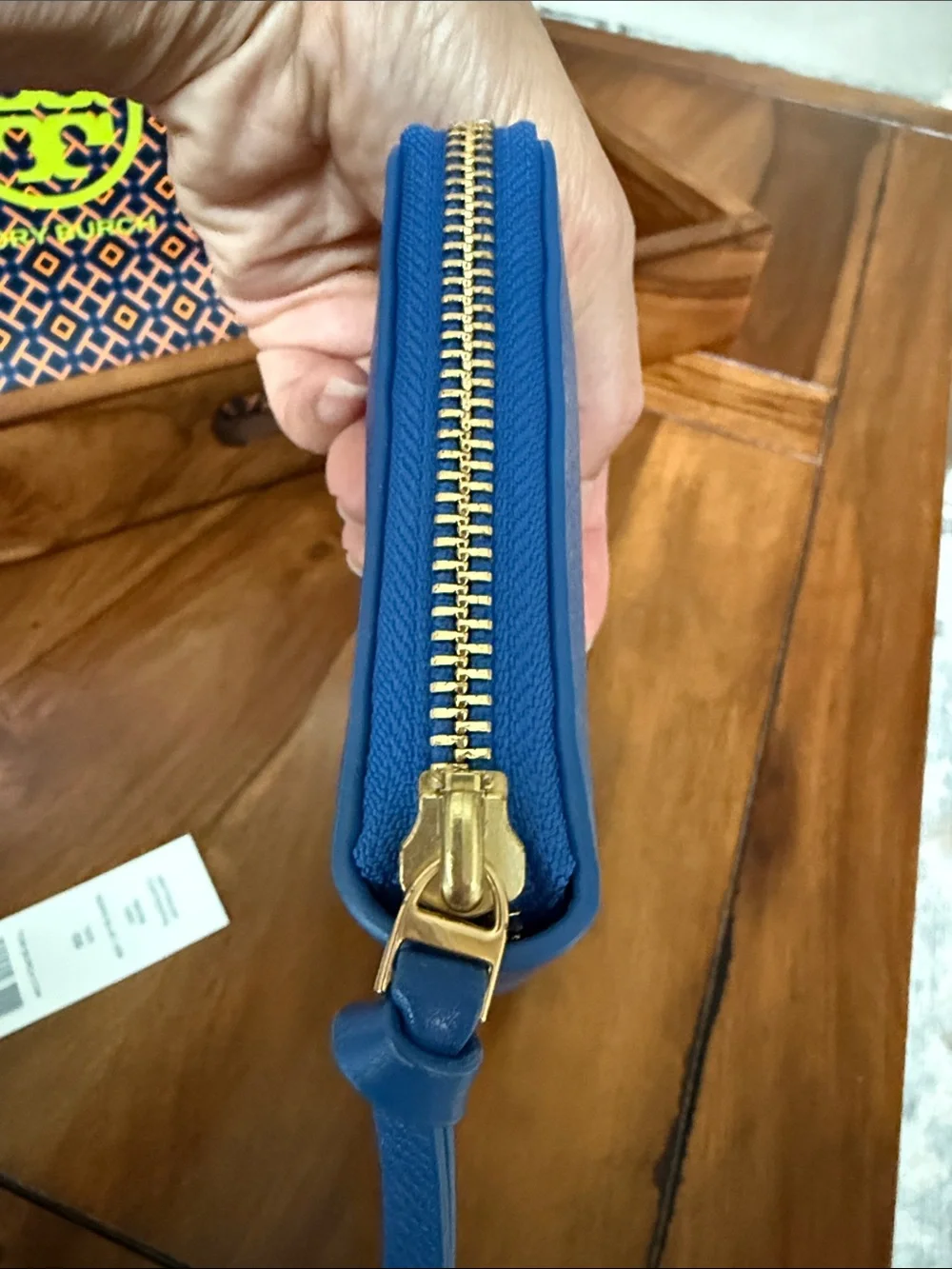 Tory Burch Bondi Blue Britten Zip Continental Wallet with Shopping Bag.